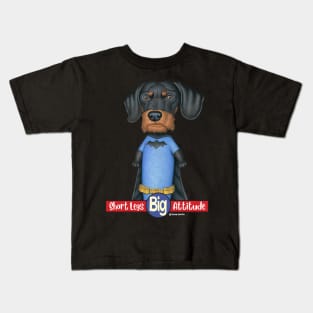 Awesome Doxie Dog on Black Dachshund Super Hero tee Kids T-Shirt